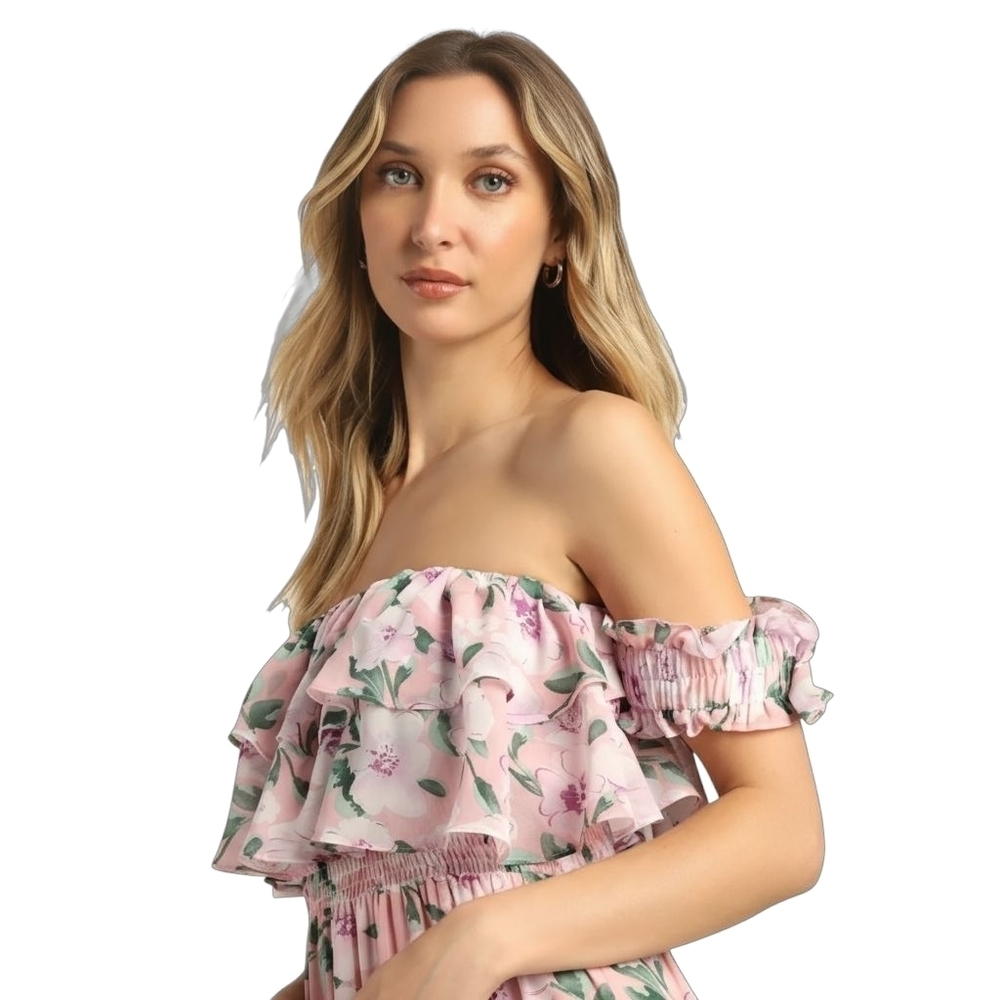 Lulus Chance For Us Maxi Dress Sz L Pink Floral Chiffon Off Shoulder Ruffles New - Picture 3 of 13